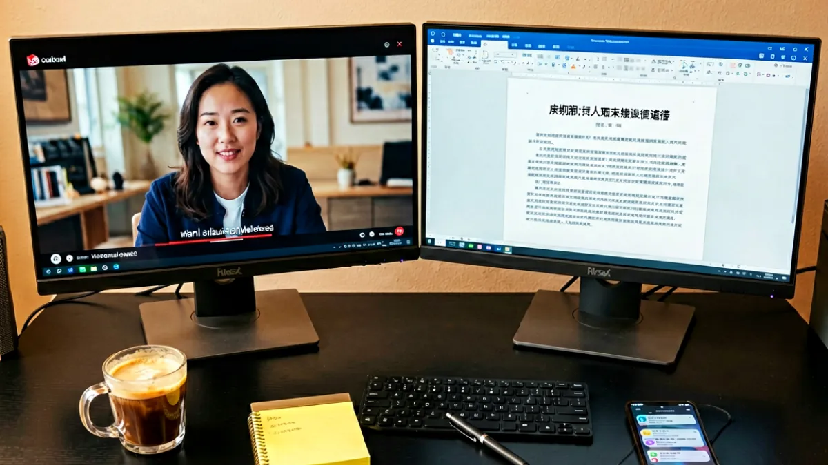 编辑桌上摆放着多台显示器，屏幕上显示着各类网络热梗的视频截图和文案稿件，旁边放着咖啡杯和便签纸