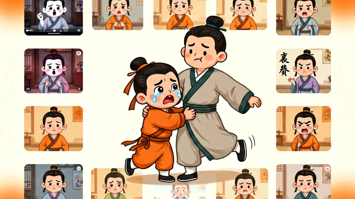 师傅不要啊主题二创作品拼贴海报，画面中心是一名卡通师傅与徒弟的夸张互动表情，周围环绕多个热门二创截图小图，整体色调暖橙与米白交织