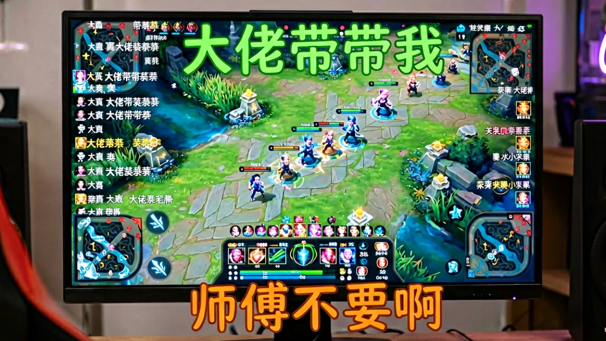 电竞游戏直播间内，玩家一边请求带飞一边被队友套路后疯狂发弹幕求饶，屏幕上滚动着师傅不要啊和大佬带带我两种弹幕