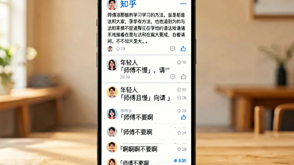 知识分享平台评论区中一条关于学习方法的高赞回答下方，年轻学生用师傅且慢等文雅表达向作者请教，与下方的玩梗弹幕形成有趣的层次对比